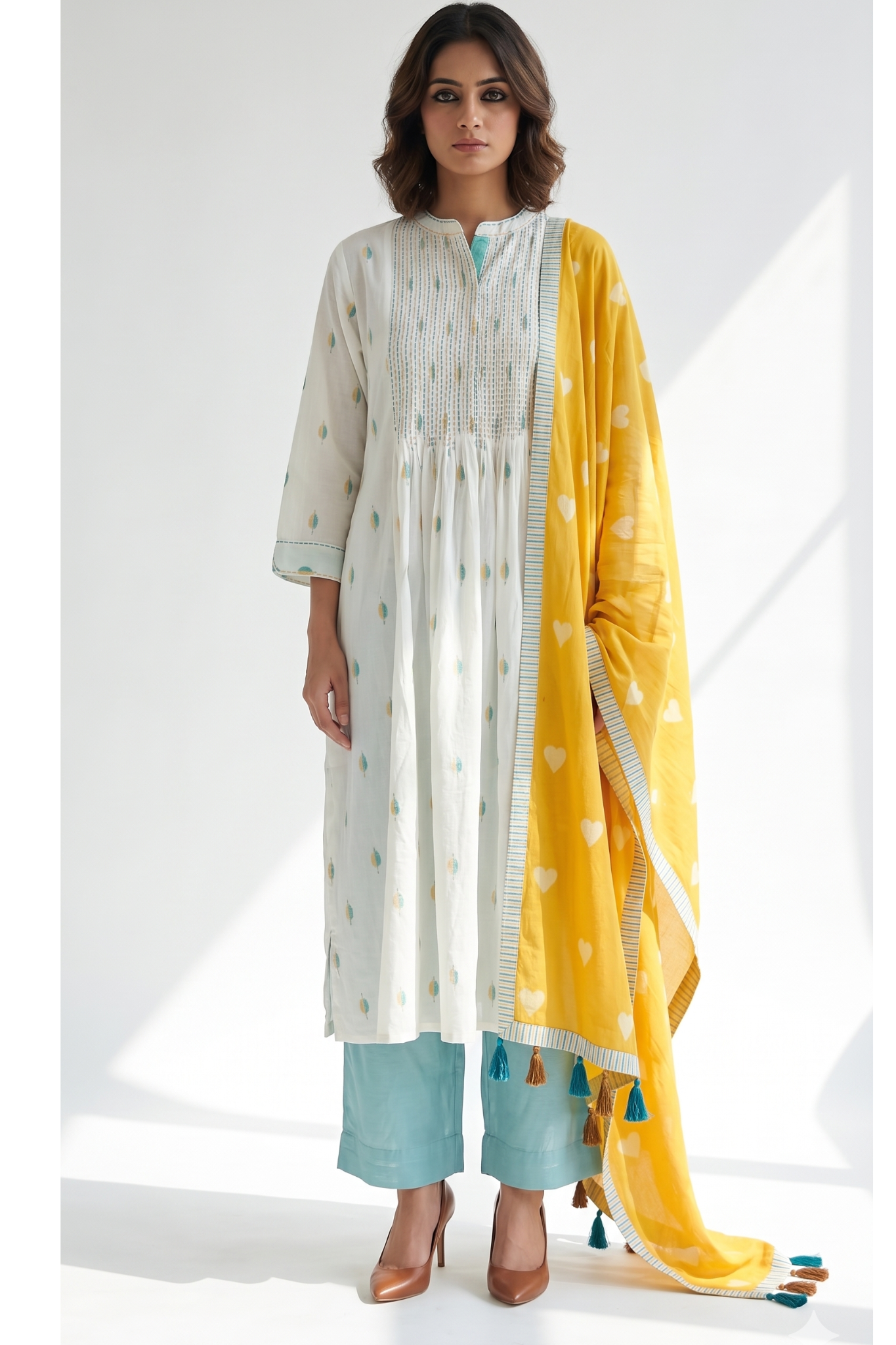 White Collar puntuck Kurta with blue yellow motifs