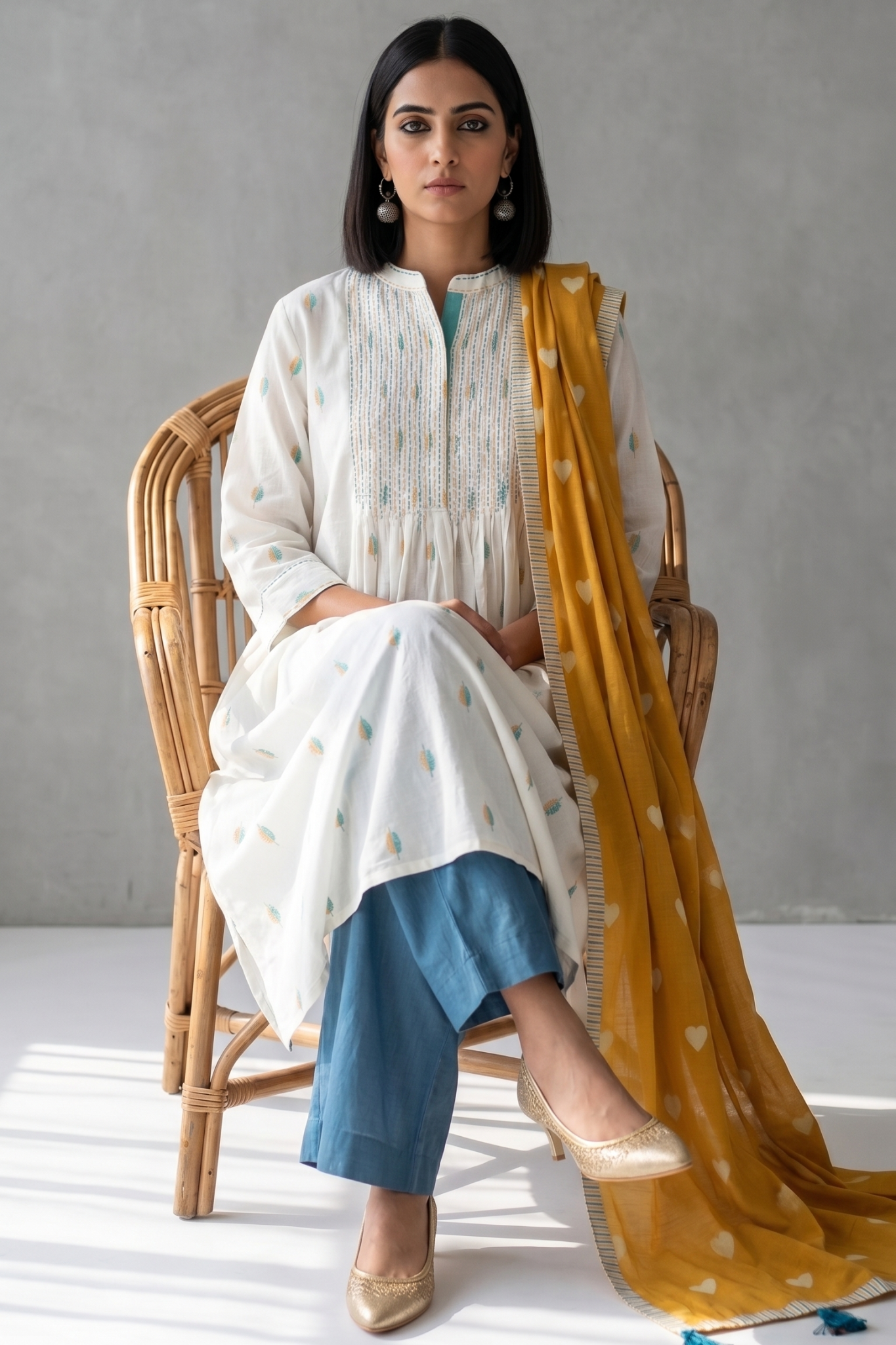 White Collar puntuck Kurta with blue yellow motifs