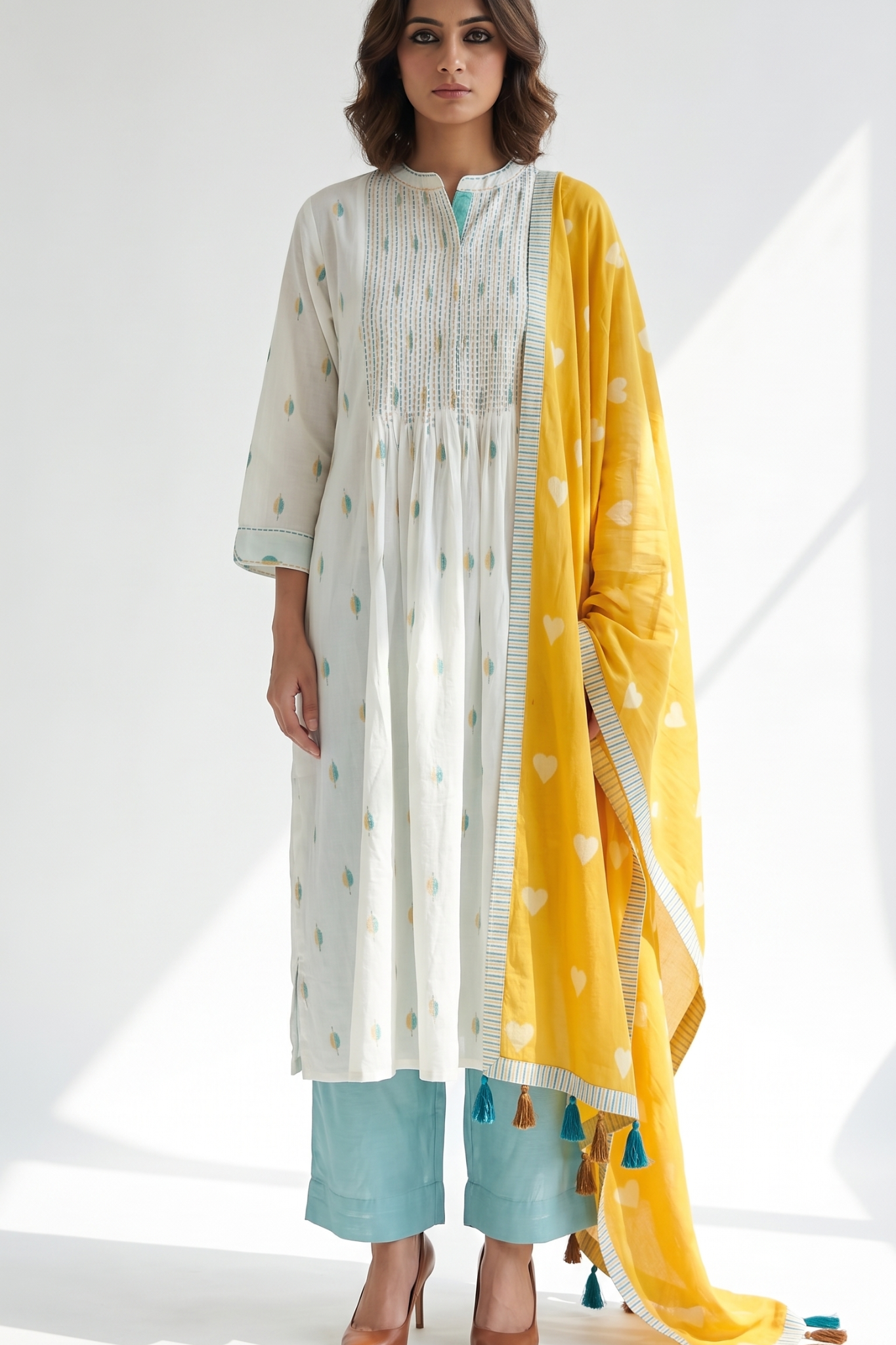 White Collar puntuck Kurta with blue yellow motifs