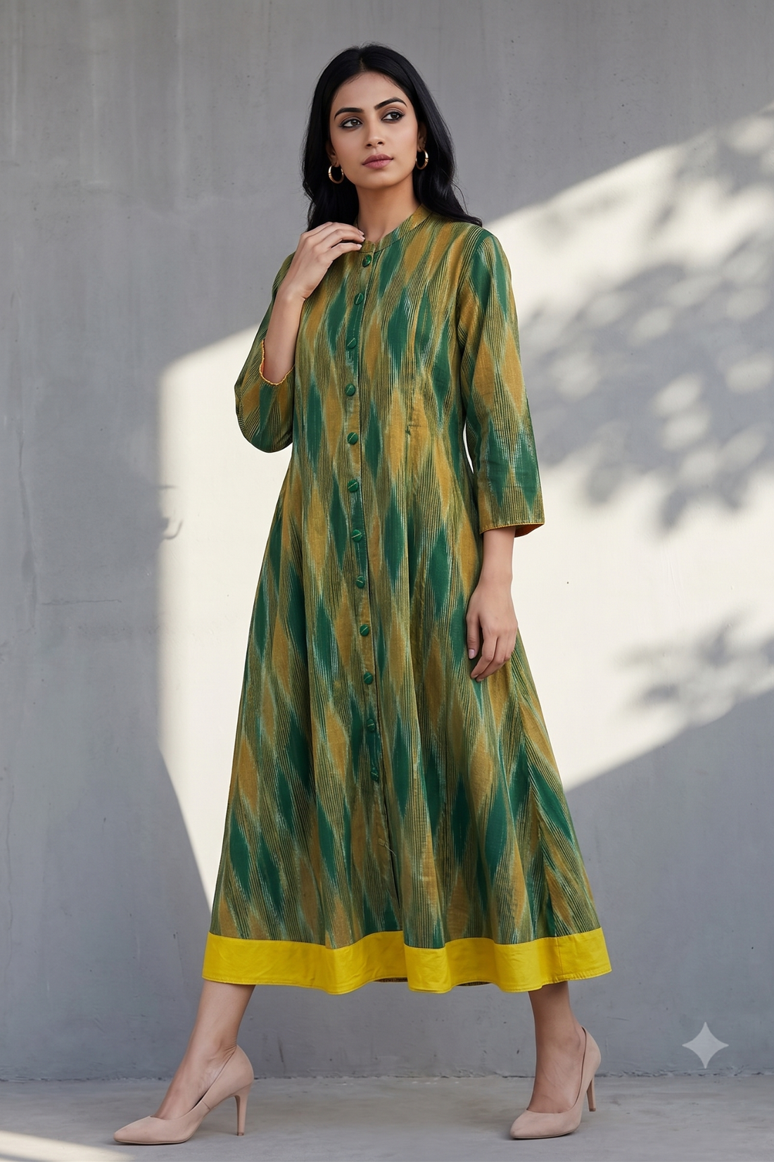 Sunlit Forest Ikat Long Maxi Button Cotton Down Dress
