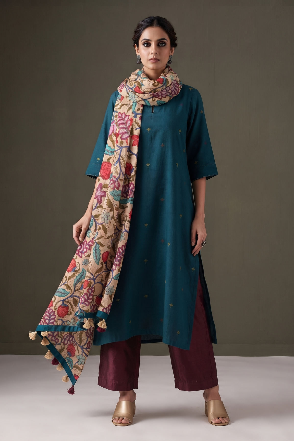Teal_Floral_Crimson_Gold_Butti_long_yoke_panel_Cotton_kurta