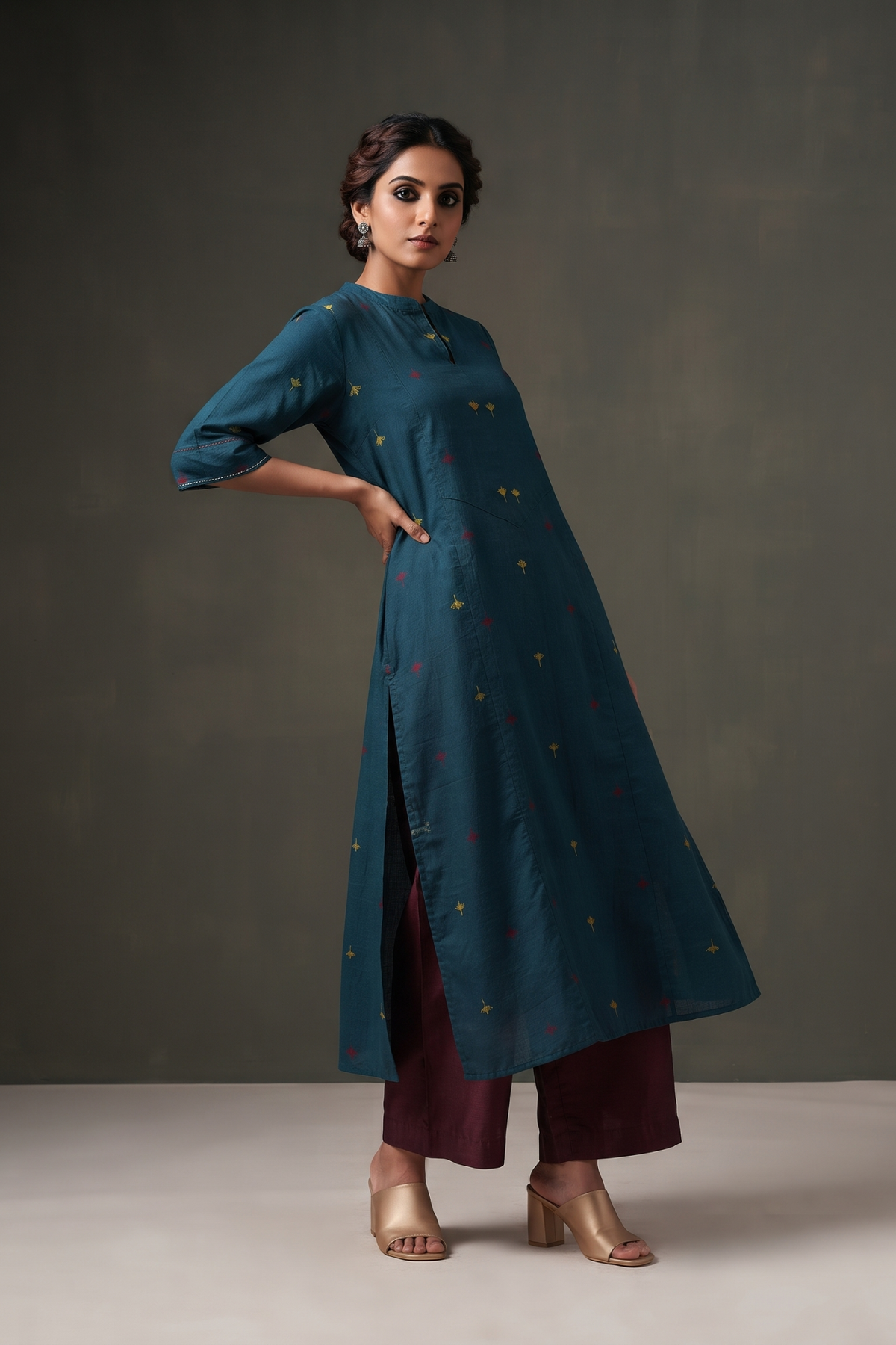 Teal_Floral_Crimson_Gold_Butti_long_yoke_panel_Cotton_kurta