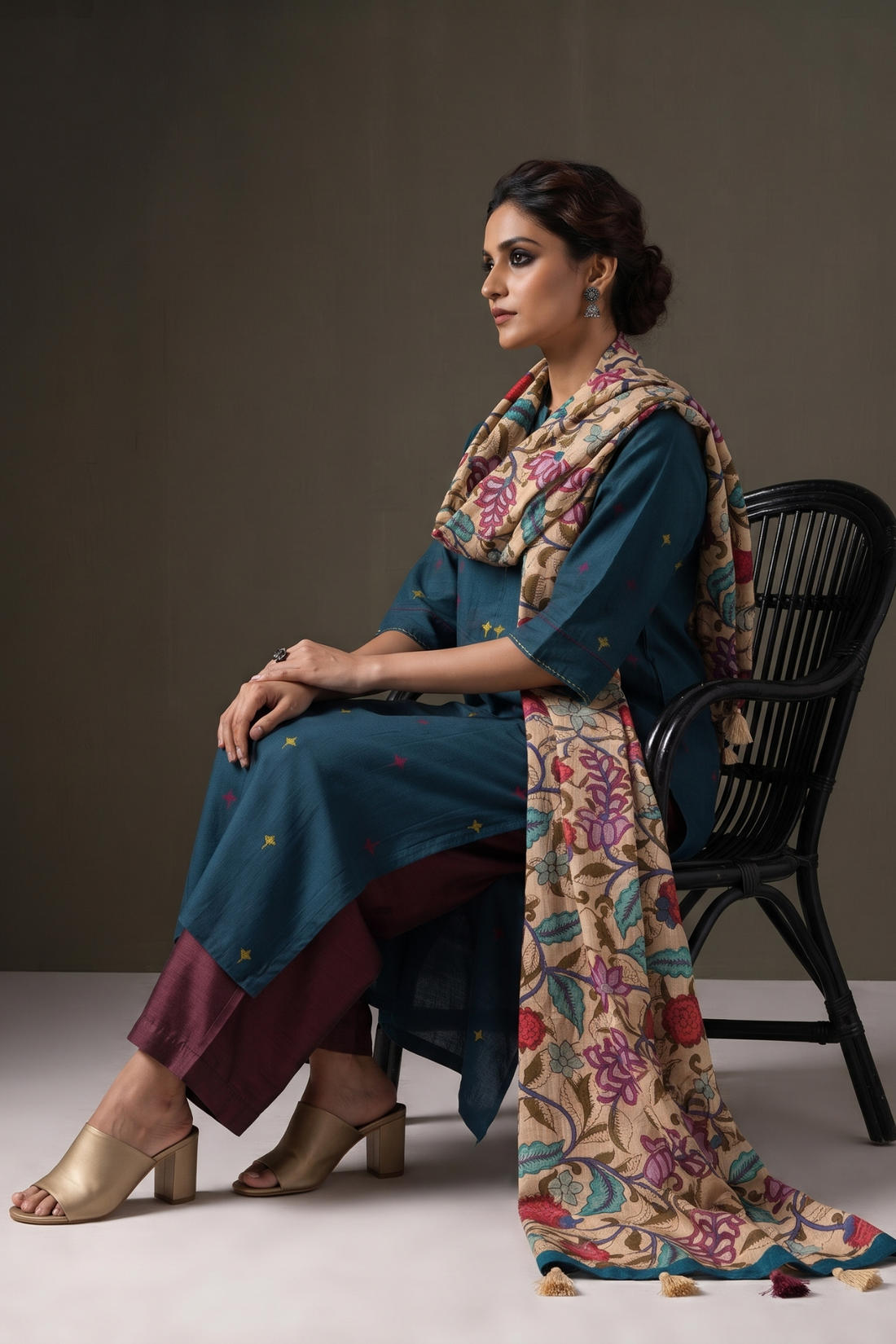 Teal_Floral_Crimson_Gold_Butti_long_yoke_panel_Cotton_kurta