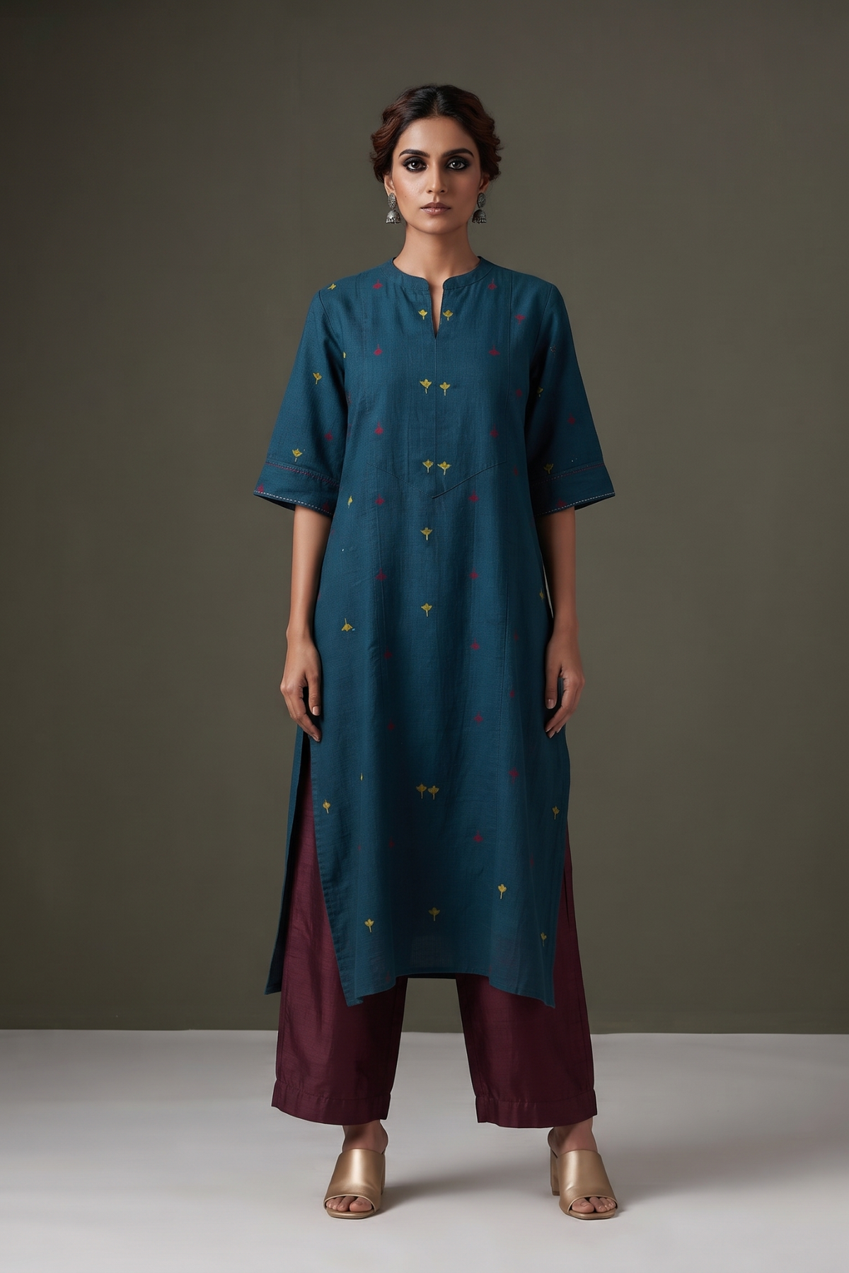 Teal_Floral_Crimson_Gold_Butti_long_yoke_panel_Cotton_kurta