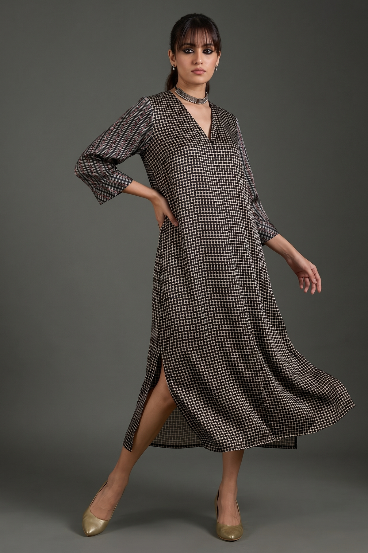 Black_Dotted_Ajrakh_Modal_with_Border_Sleeve_Front_Zipper_A-Line_Kurta