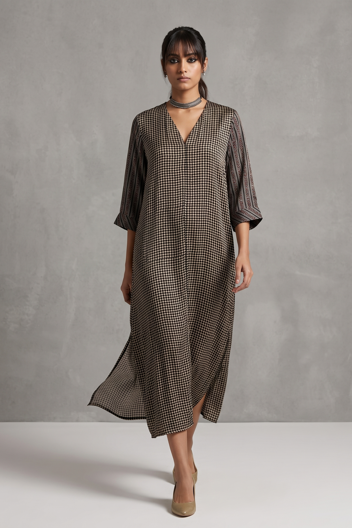 Black_Dotted_Ajrakh_Modal_with_Border_Sleeve_Front_Zipper_A-Line_Kurta