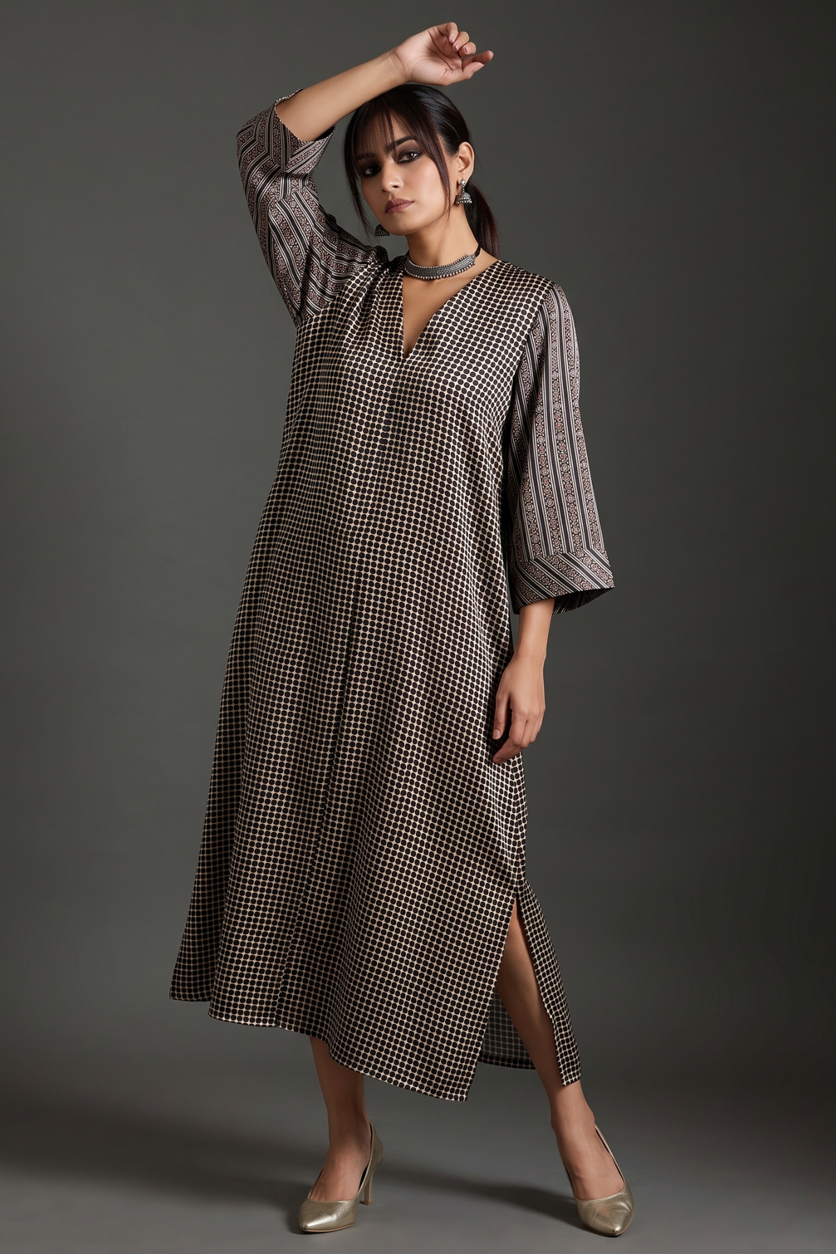 Black_Dotted_Ajrakh_Modal_with_Border_Sleeve_Front_Zipper_A-Line_Kurta