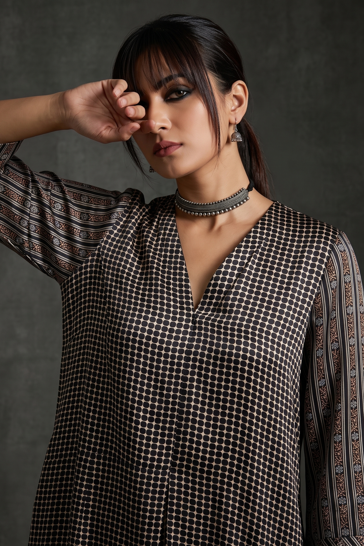 Black_Dotted_Ajrakh_Modal_with_Border_Sleeve_Front_Zipper_A-Line_Kurta