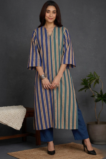 Twin_Shaded_Bands_Teal_Blue_Front_Zipper_A-line_Cotton_Kurta