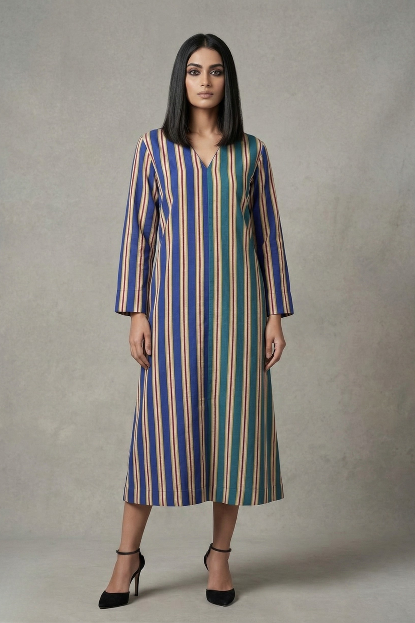 Twin_Shaded_Bands_Teal_Blue_Front_Zipper_A-line_Cotton_Kurta
