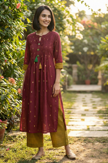 Coord Set Garnet Gilt Long Slit Kurta with Pants (set of 2)
