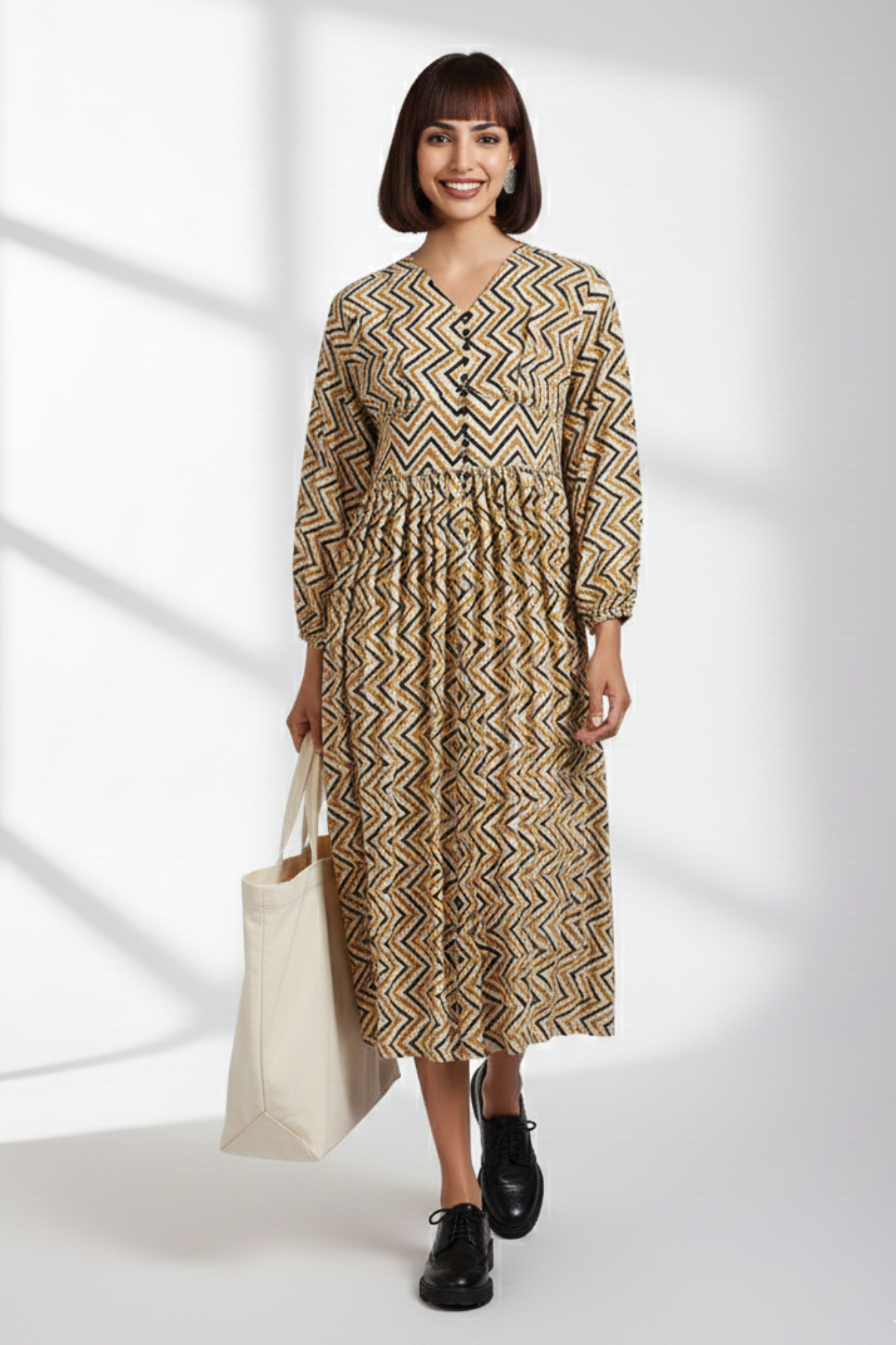 deep neck bust gather dress - tuscan yellow & black chevron