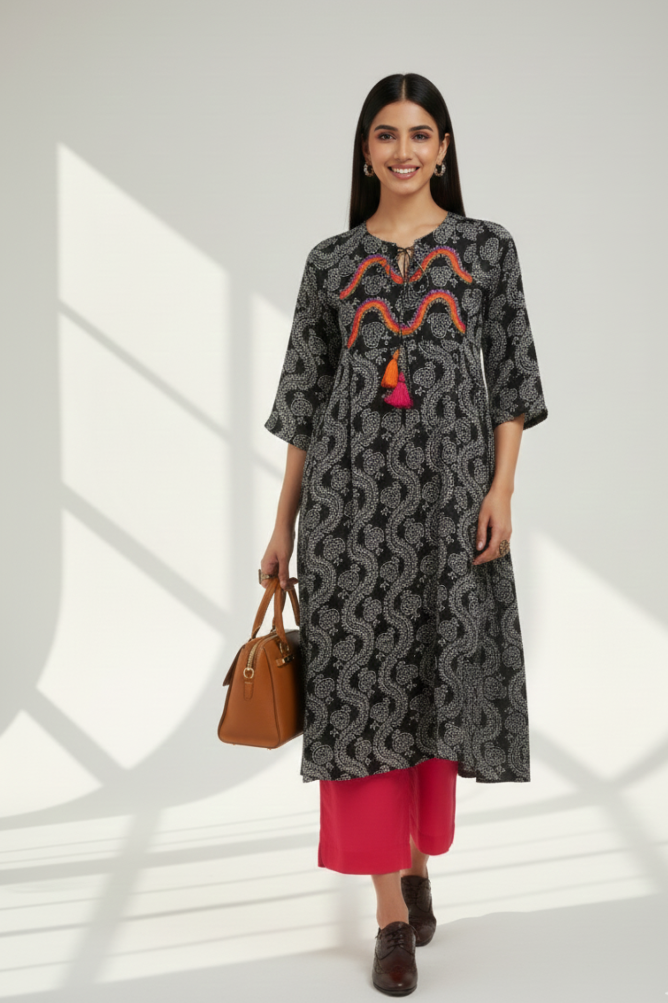 silk modal kalidar kurta with dori - midnight dreams & vermillion mist