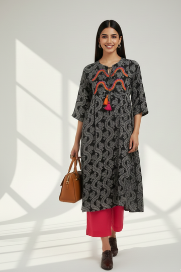 silk modal kalidar kurta with dori - midnight dreams & vermillion mist