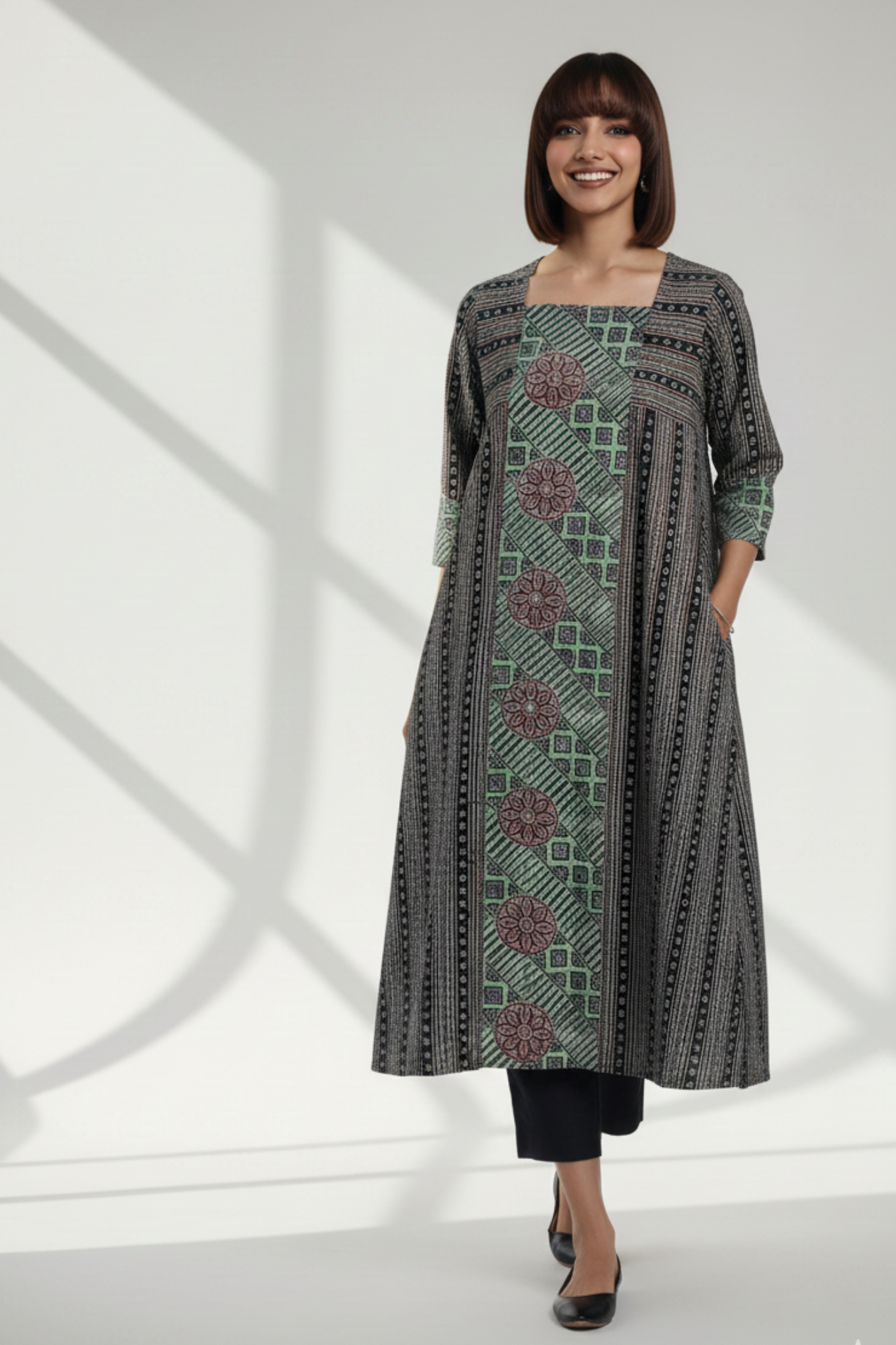 square panelled long kurta - mossy black & mandala treasures