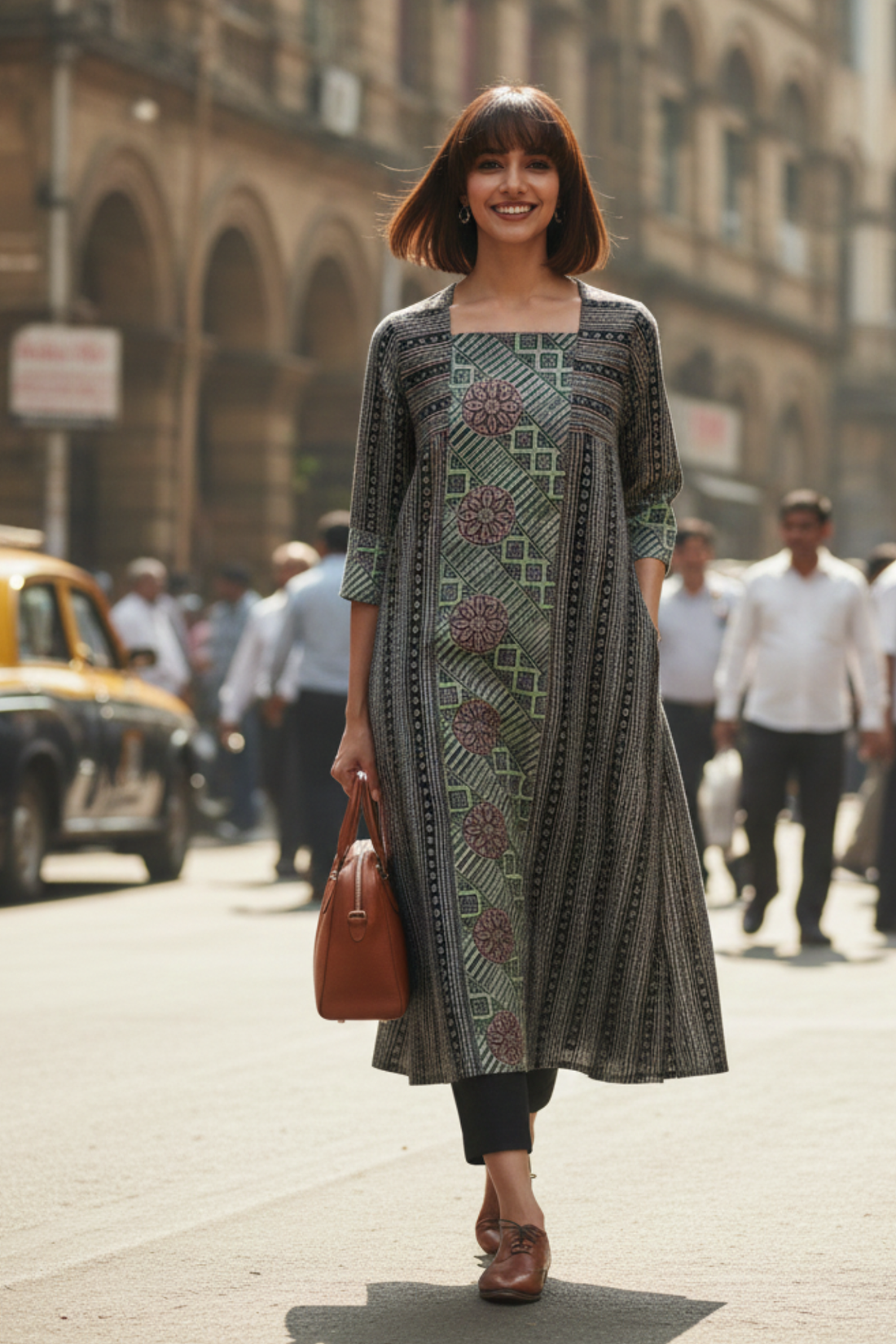 square panelled long kurta - mossy black & mandala treasures