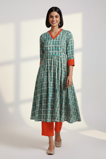 v-neck kali kurta - turkish teal & sunset lotus