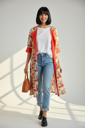 front lapel jacket - morning glory & tangerine blooms