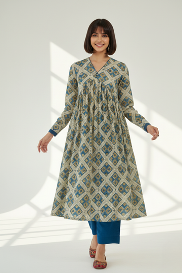 v-neck gather anarkali with chudidar sleeves -  whispering winds & indigo dreamscape