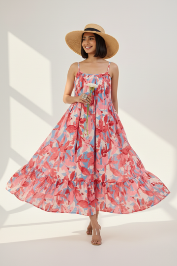 Blush Blue Pastel Roses Long Ruffle Strap Dress