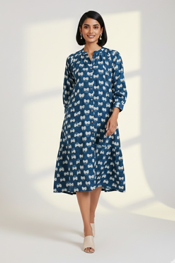 midi dress with side ruffles - florentine blue & white chrysanthemum