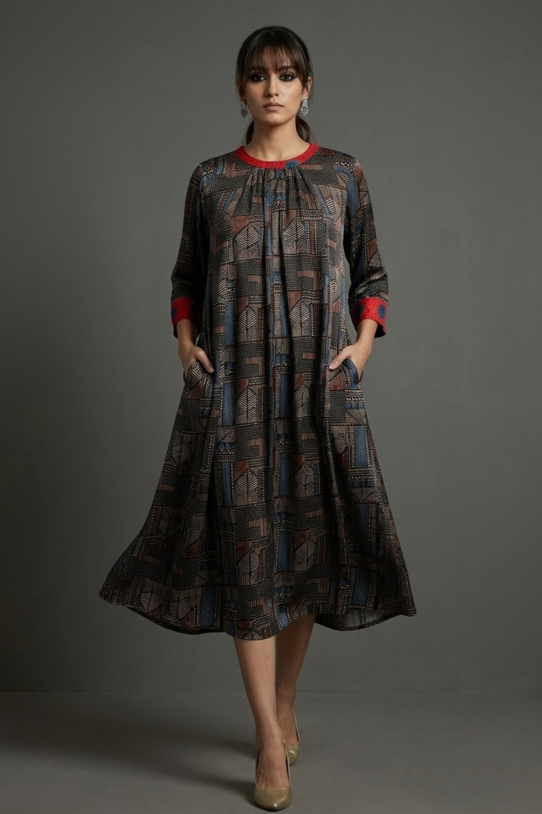 Urban_Noir_Geometric_Dotted_Crew_Neck_Gather_Dress_in_Modal