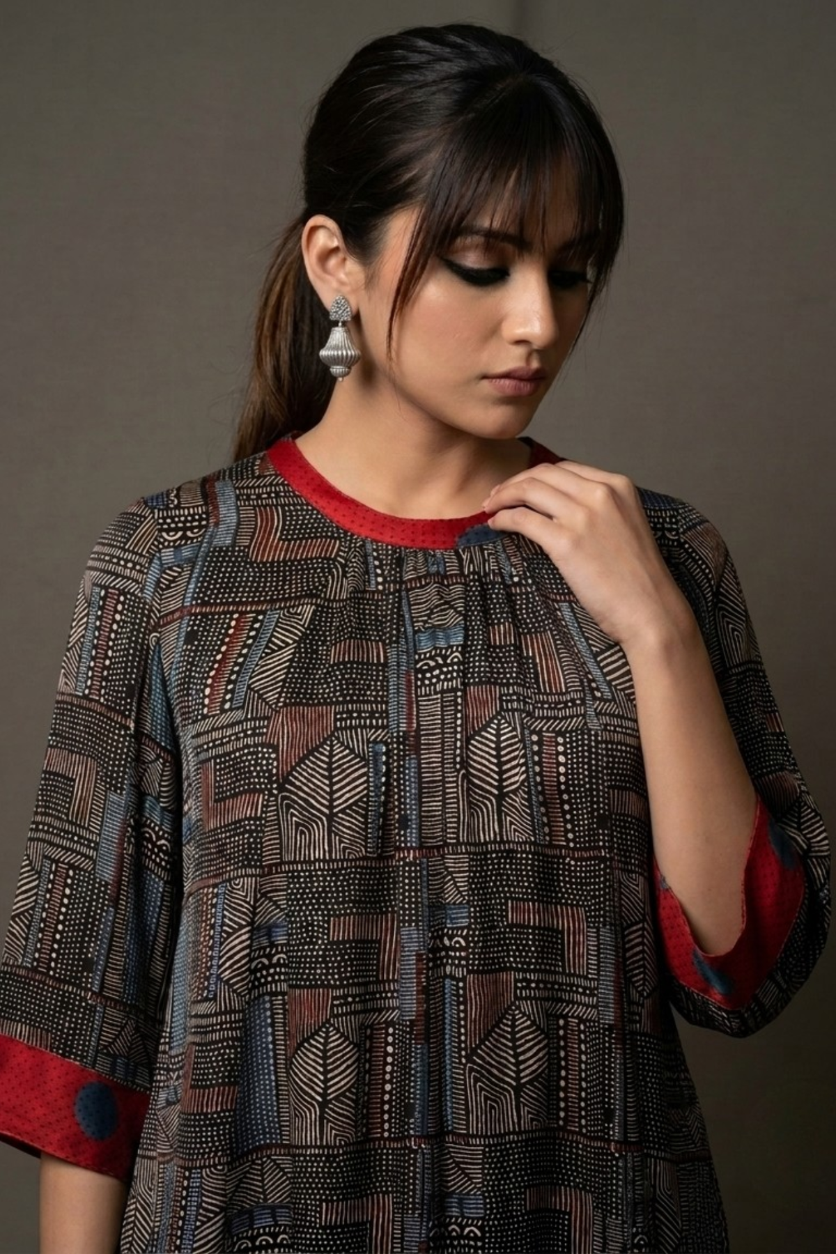 Urban_Noir_Geometric_Dotted_Crew_Neck_Gather_Dress_in_Modal