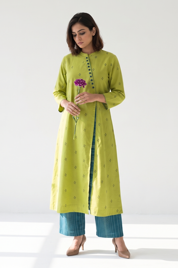 Green Blue Cross Potli Angrakha Kurta 