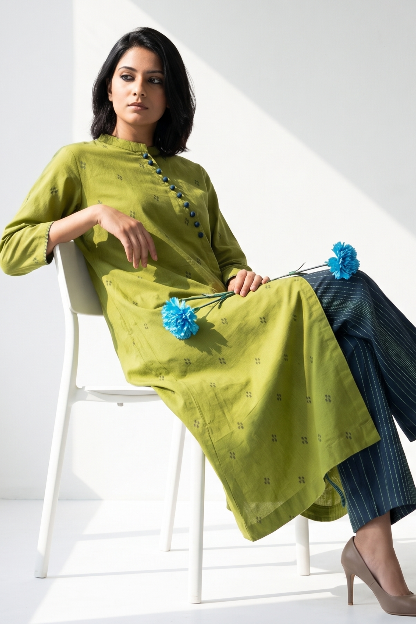 Green Blue Cross Potli Angrakha Kurta 