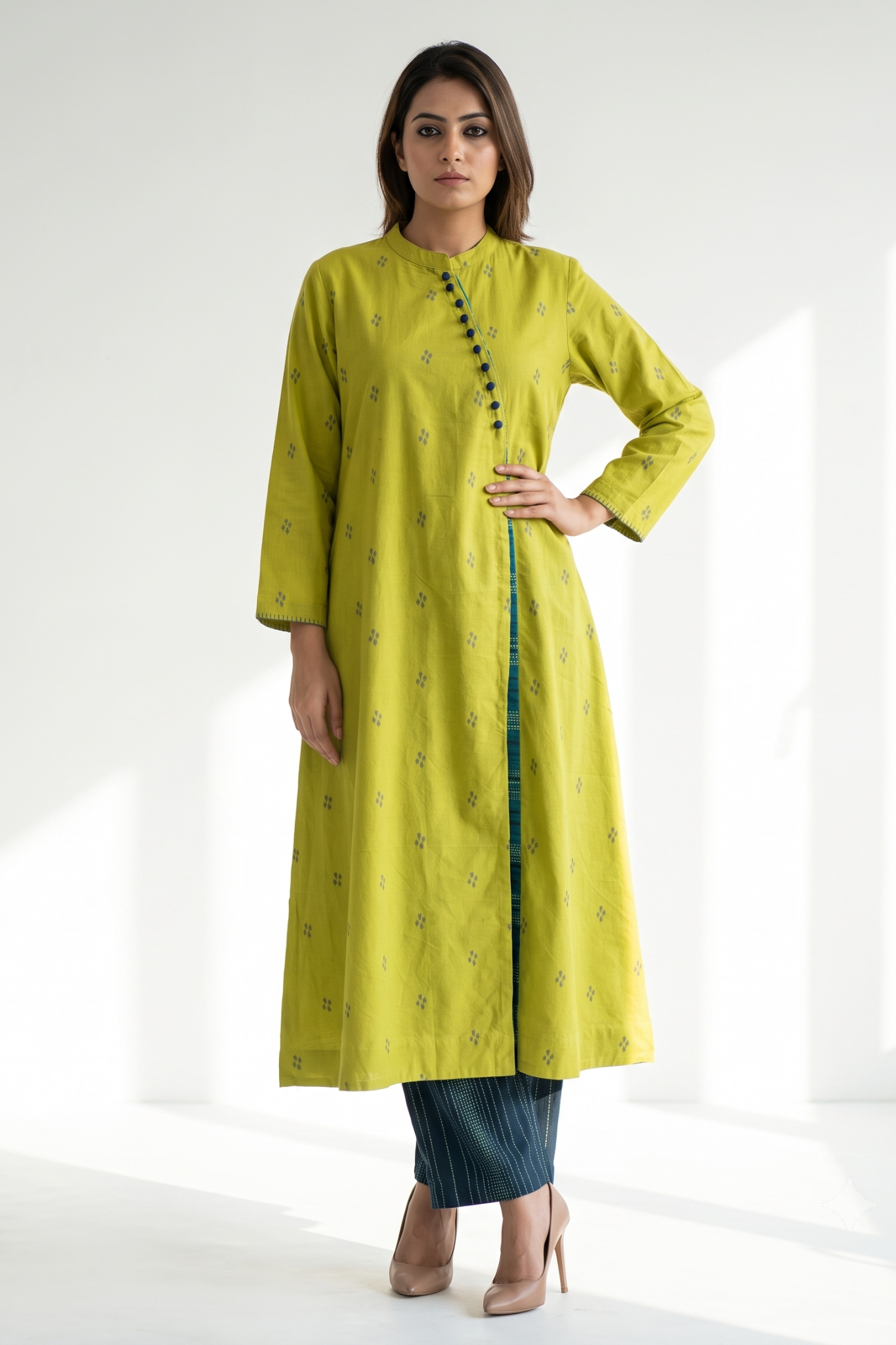 Green Blue Cross Potli Angrakha Kurta 