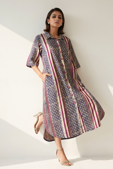 Purple Violet_Line_Dots_Pattern_Batik_Cotton_Box_Pleat_Button_Down_Shirt_Dress
