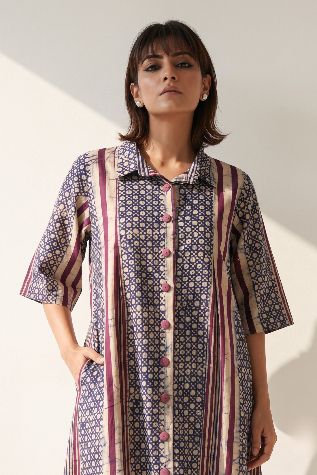 Purple Violet_Line_Dots_Pattern_Batik_Cotton_Box_Pleat_Button_Down_Shirt_Dress