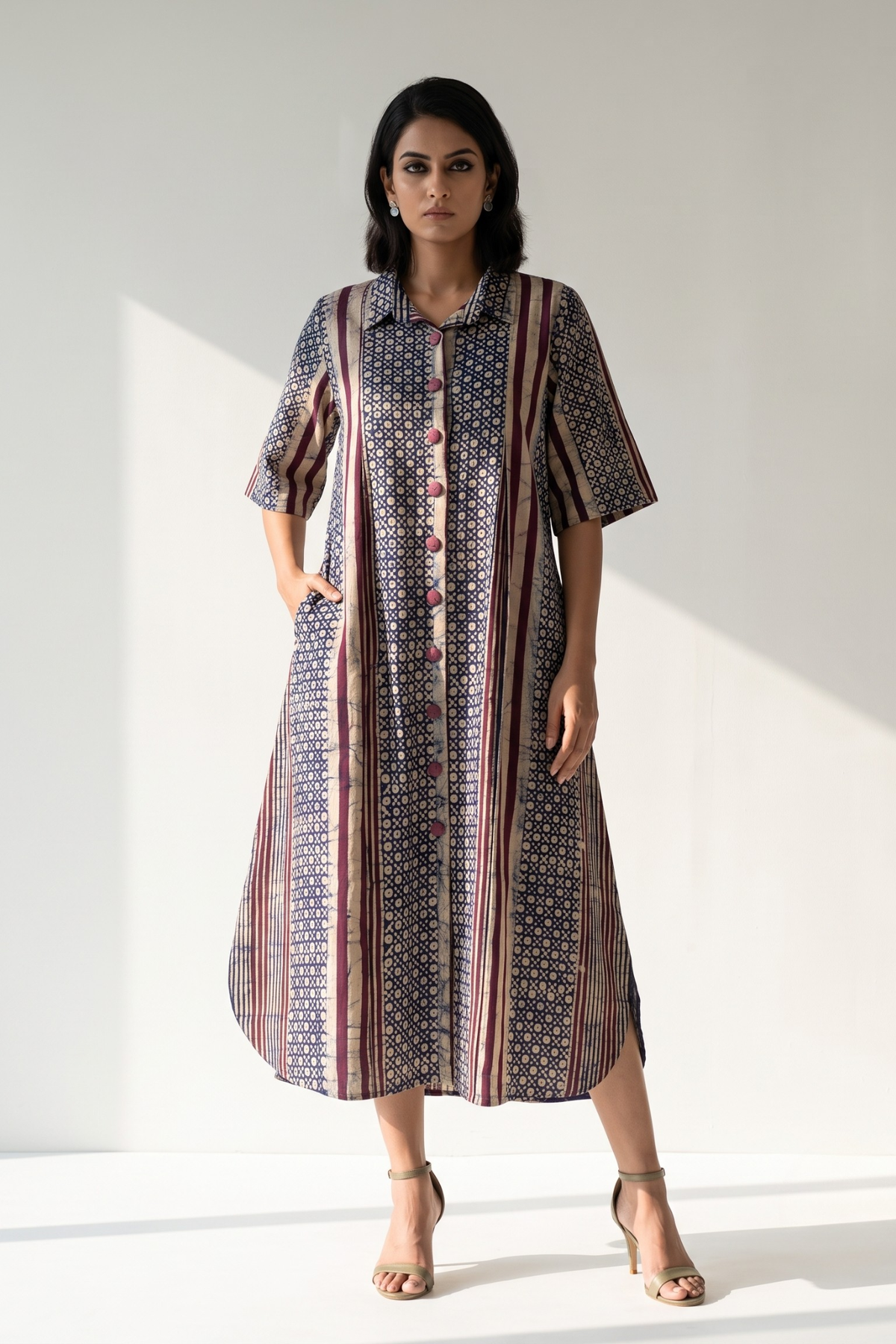 Purple Violet_Line_Dots_Pattern_Batik_Cotton_Box_Pleat_Button_Down_Shirt_Dress