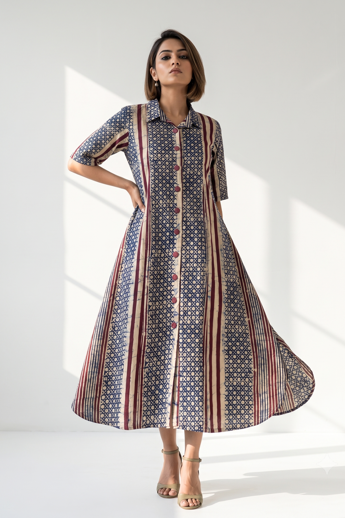Purple Violet_Line_Dots_Pattern_Batik_Cotton_Box_Pleat_Button_Down_Shirt_Dress