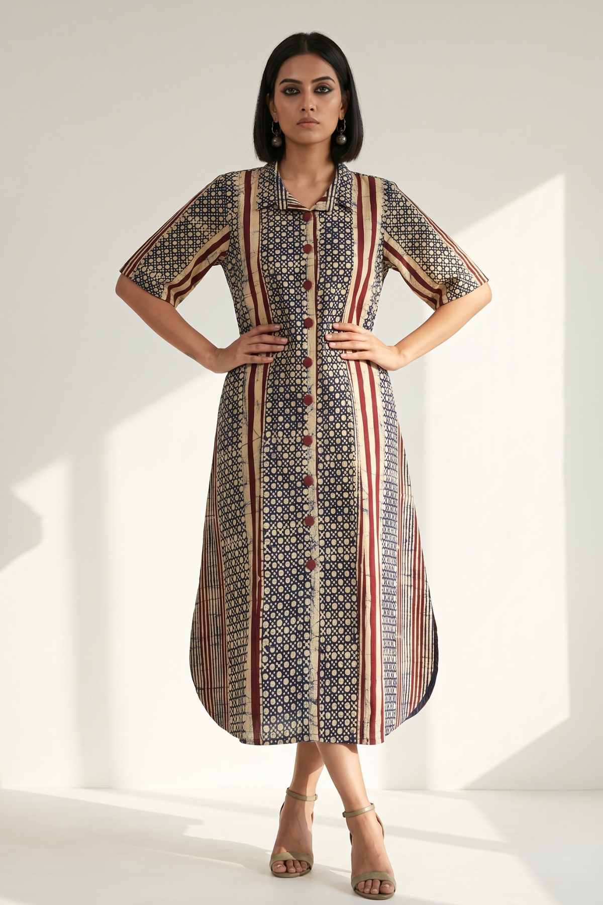 Purple Violet_Line_Dots_Pattern_Batik_Cotton_Box_Pleat_Button_Down_Shirt_Dress