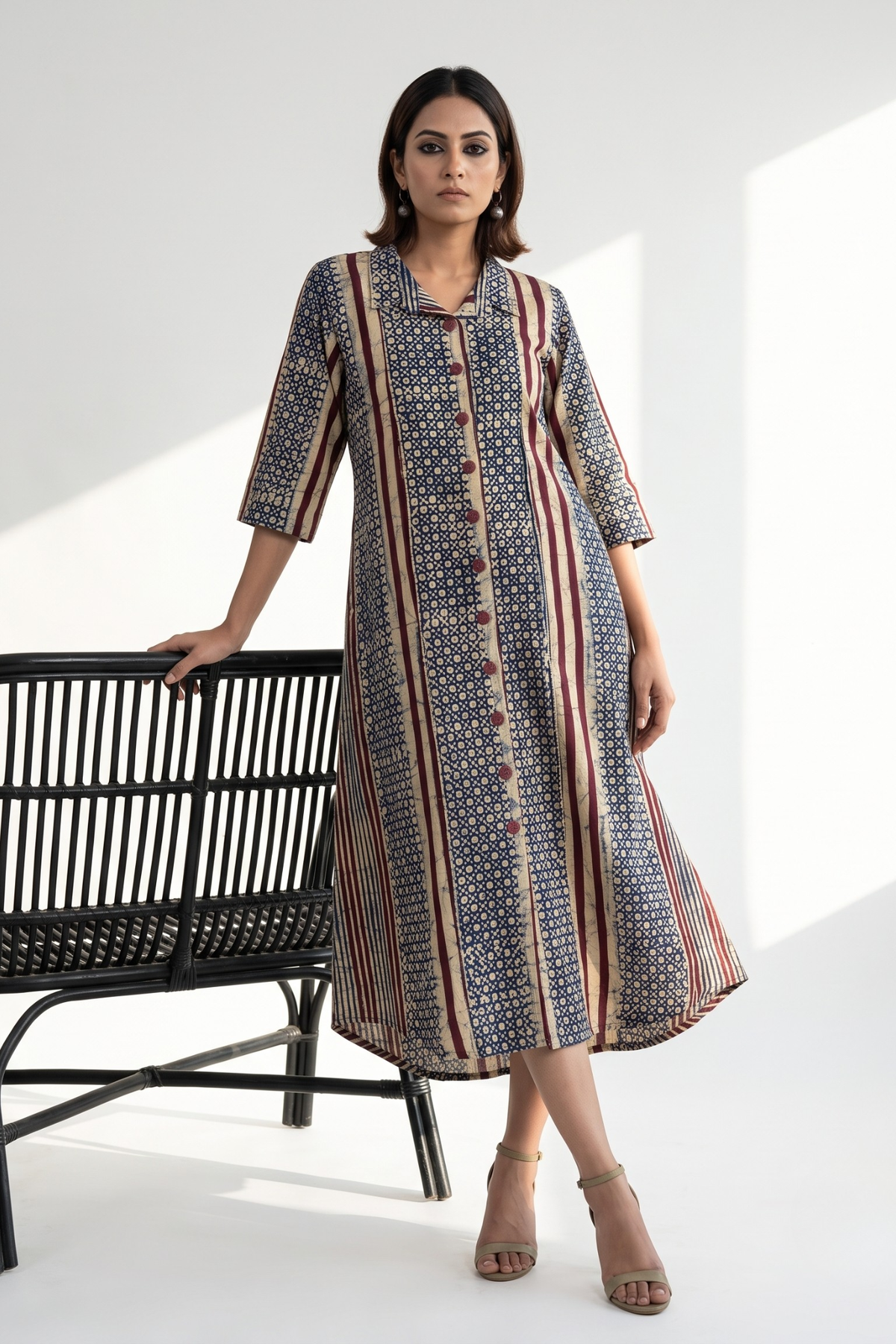 Purple Violet_Line_Dots_Pattern_Batik_Cotton_Box_Pleat_Button_Down_Shirt_Dress