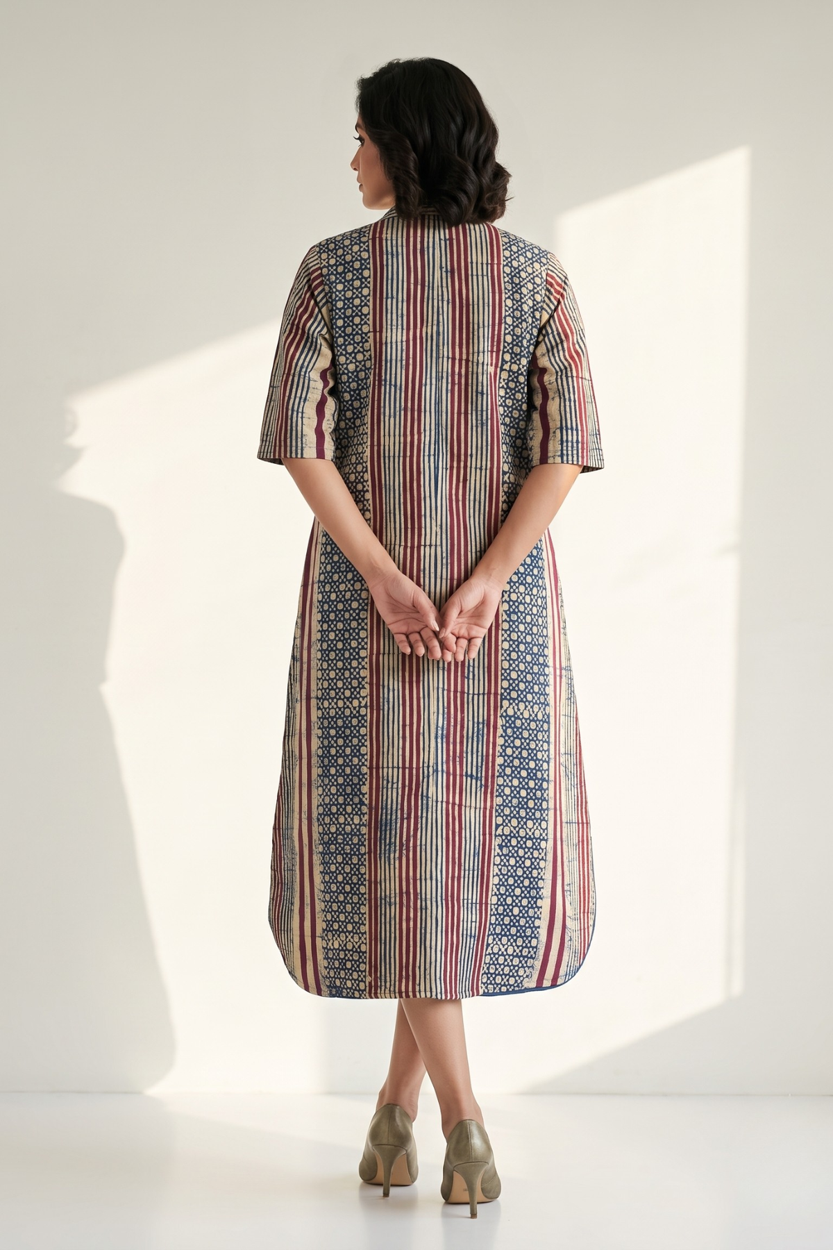 Purple Violet_Line_Dots_Pattern_Batik_Cotton_Box_Pleat_Button_Down_Shirt_Dress