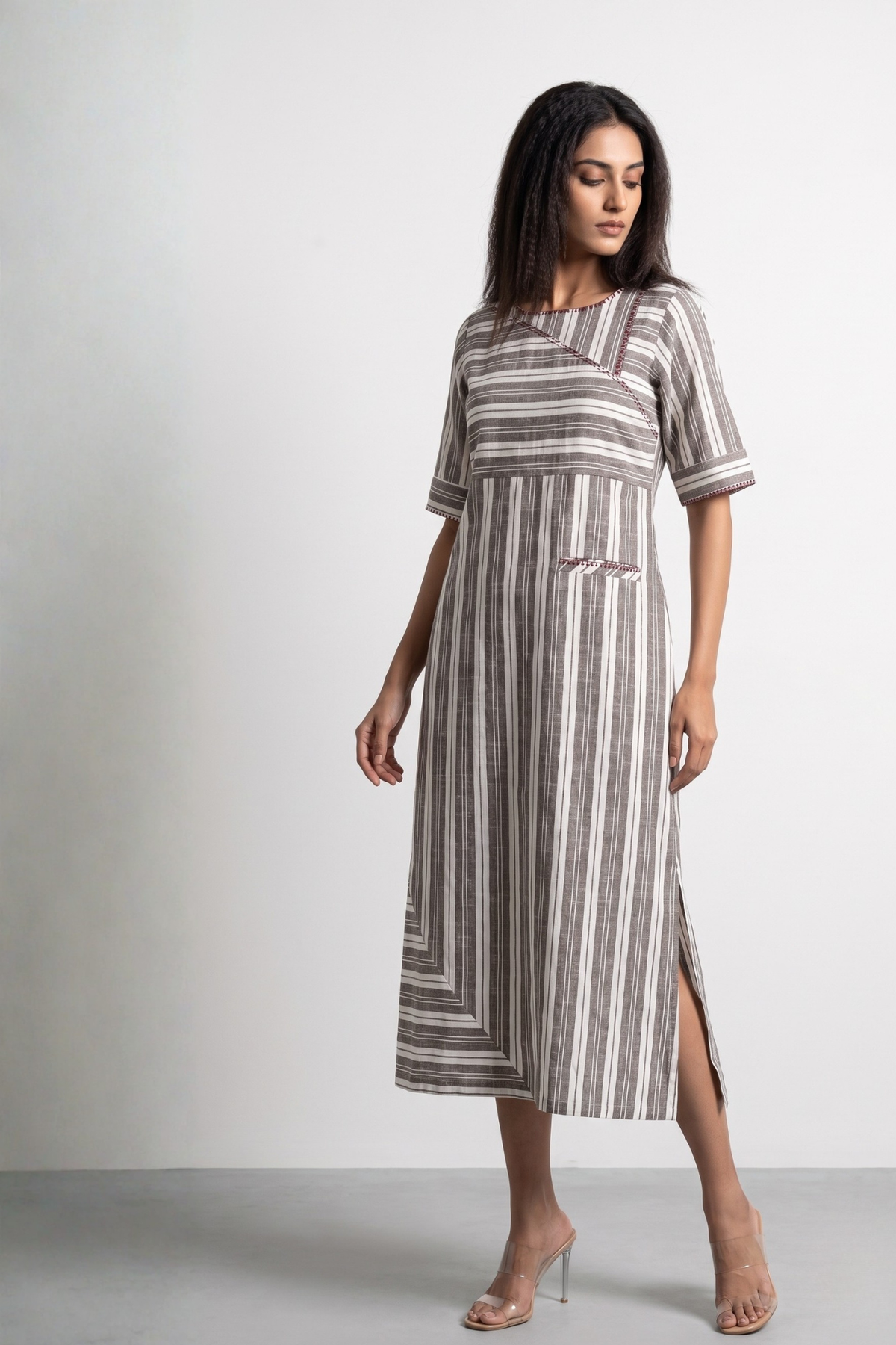 Walnut_Beige_Bands_Cotton_Long_Slit_Dress