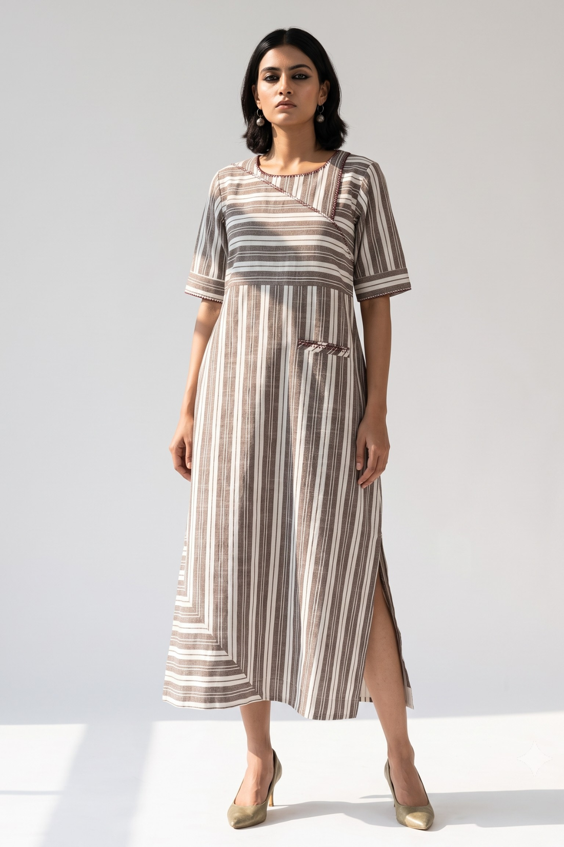 Walnut_Beige_Bands_Cotton_Long_Slit_Dress