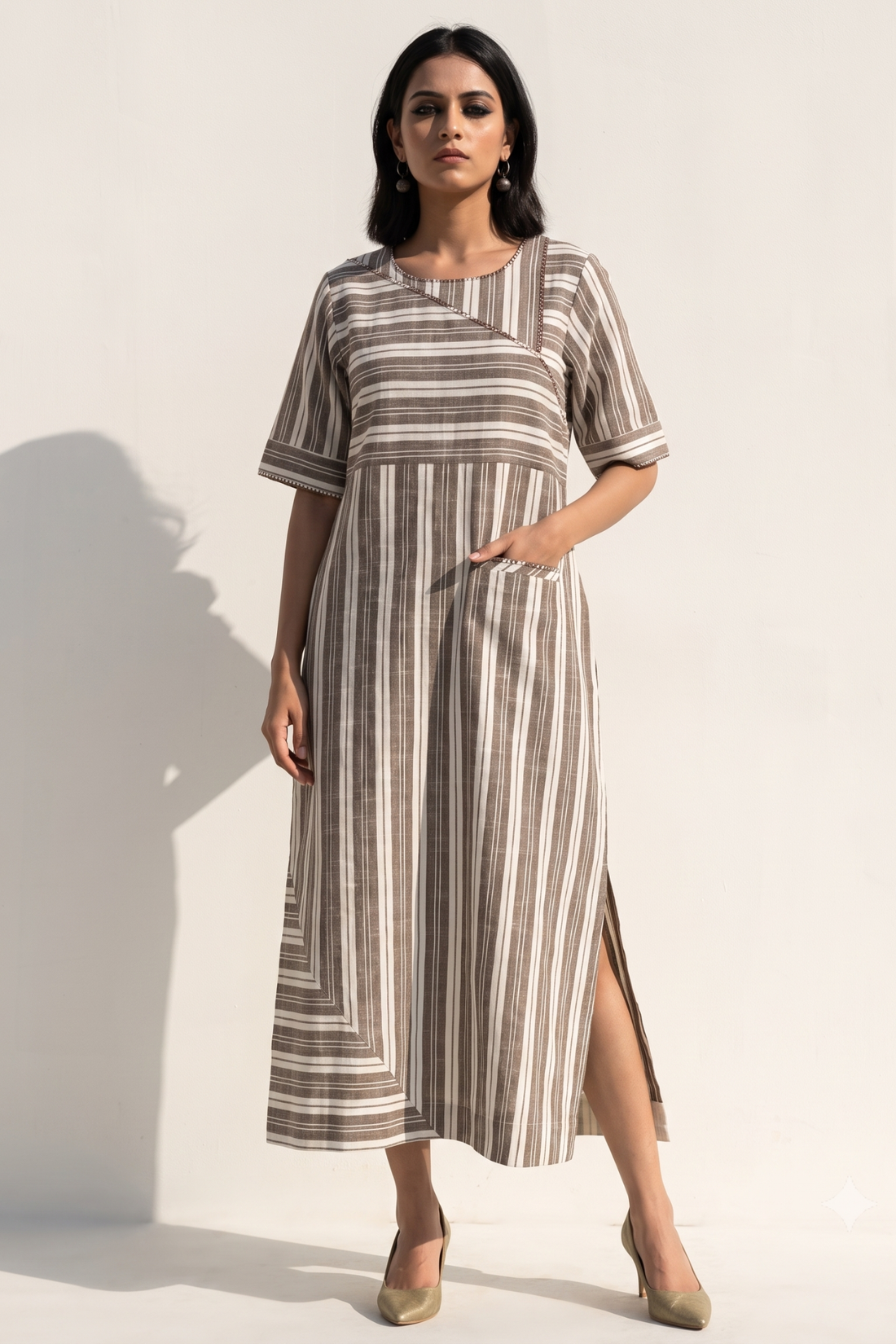 Walnut_Beige_Bands_Cotton_Long_Slit_Dress