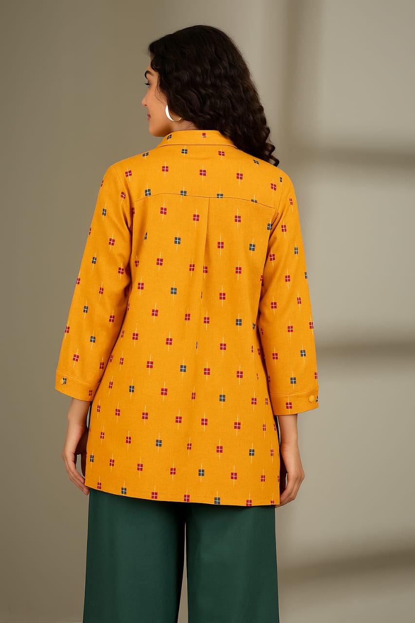 Front Hi Low Hem Tunic Shirt  In Ikat Yellow Green  by Maati Crafts