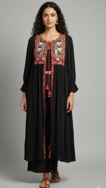 Vintage kutchi yoke jacket - onyx and & madder border with many mirrors