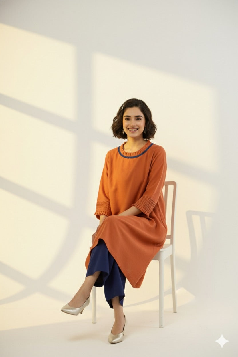 pleated neck & sleeves kurta with low slit - Autumnal Rust & Harmonious Songs