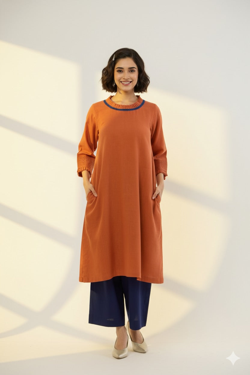 pleated neck & sleeves kurta with low slit - Autumnal Rust & Harmonious Songs