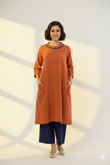 pleated neck & sleeves kurta with low slit - Autumnal Rust & Harmonious Songs