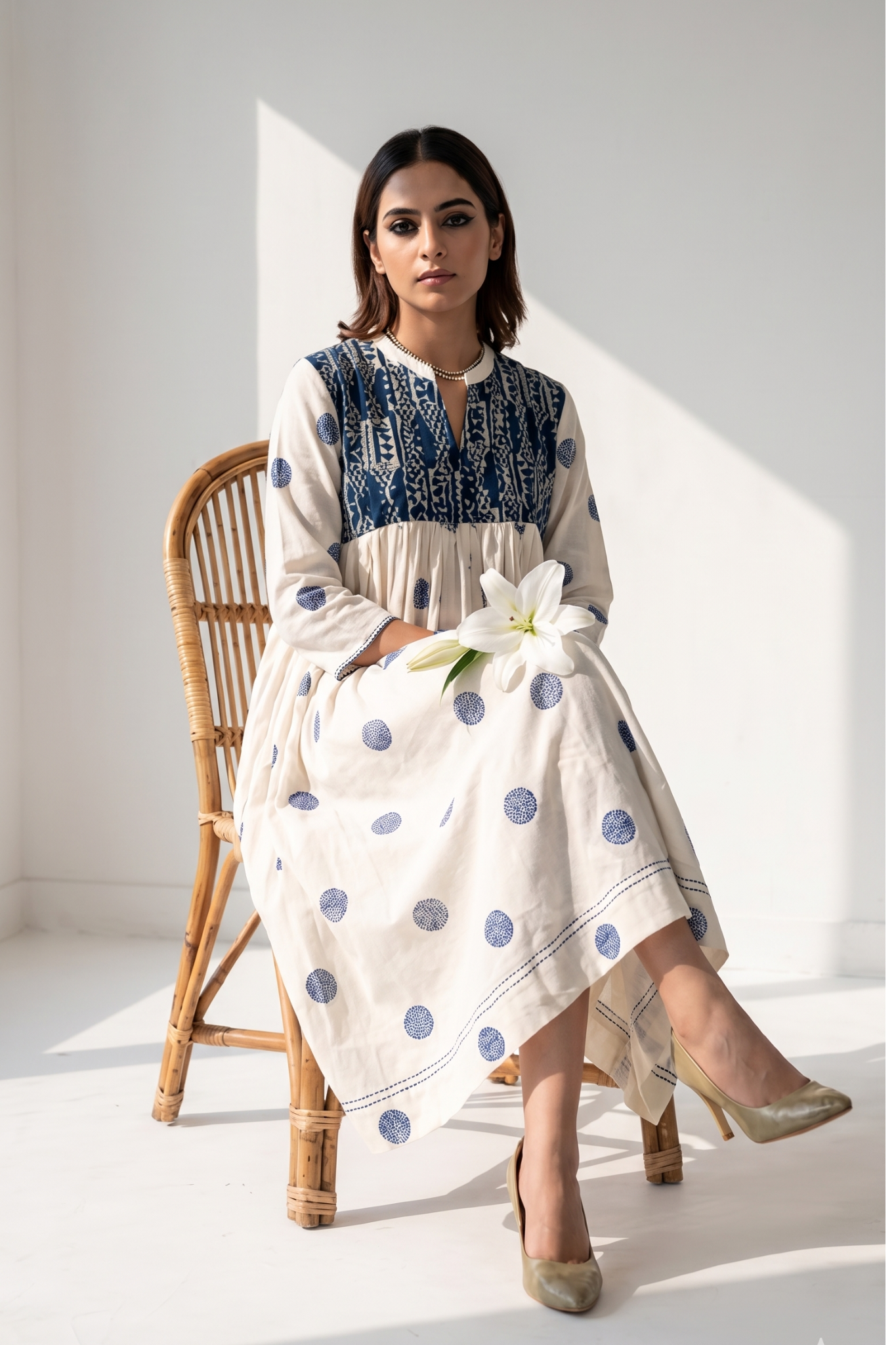 White high bust polka gather dress 