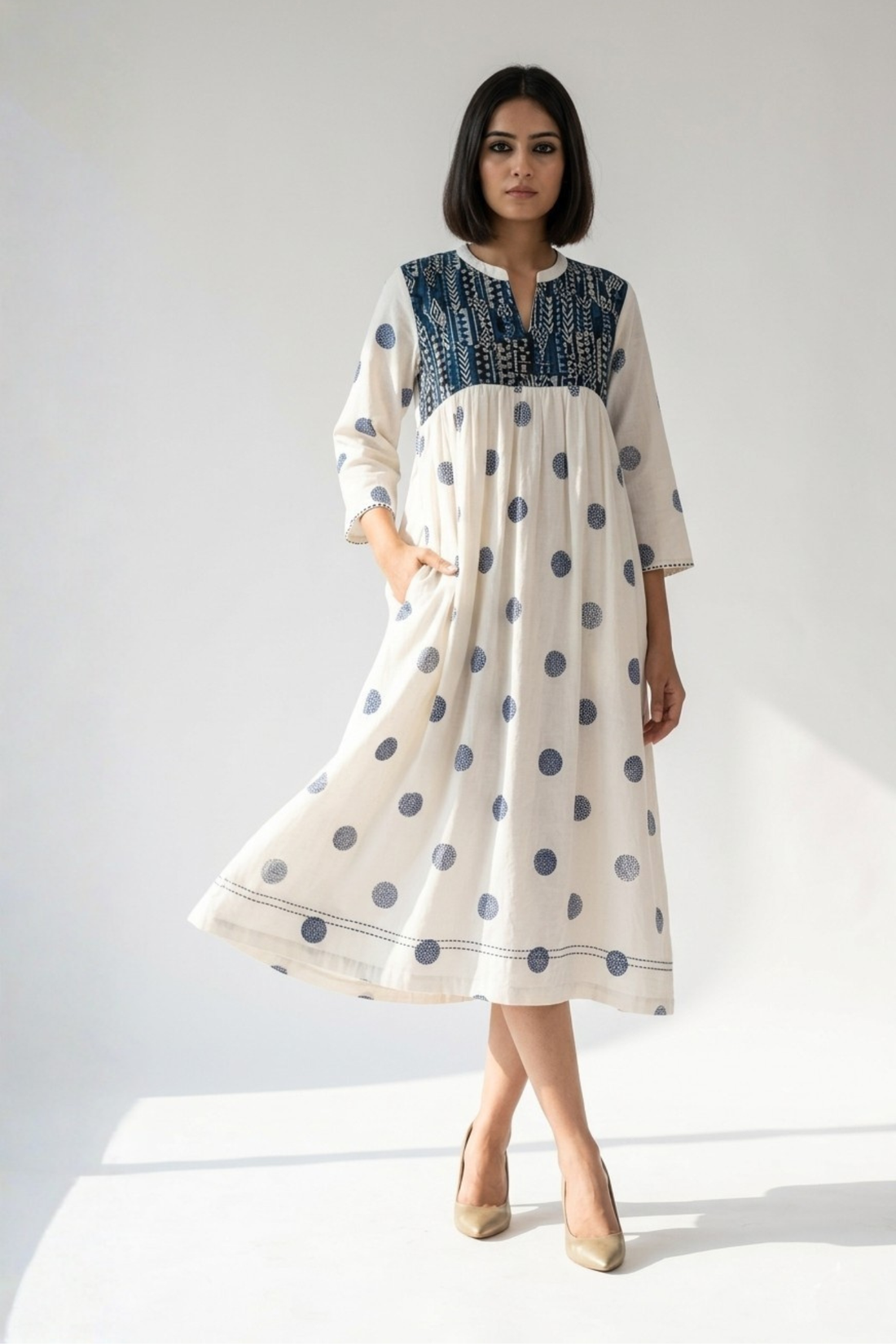 White high bust polka gather dress 