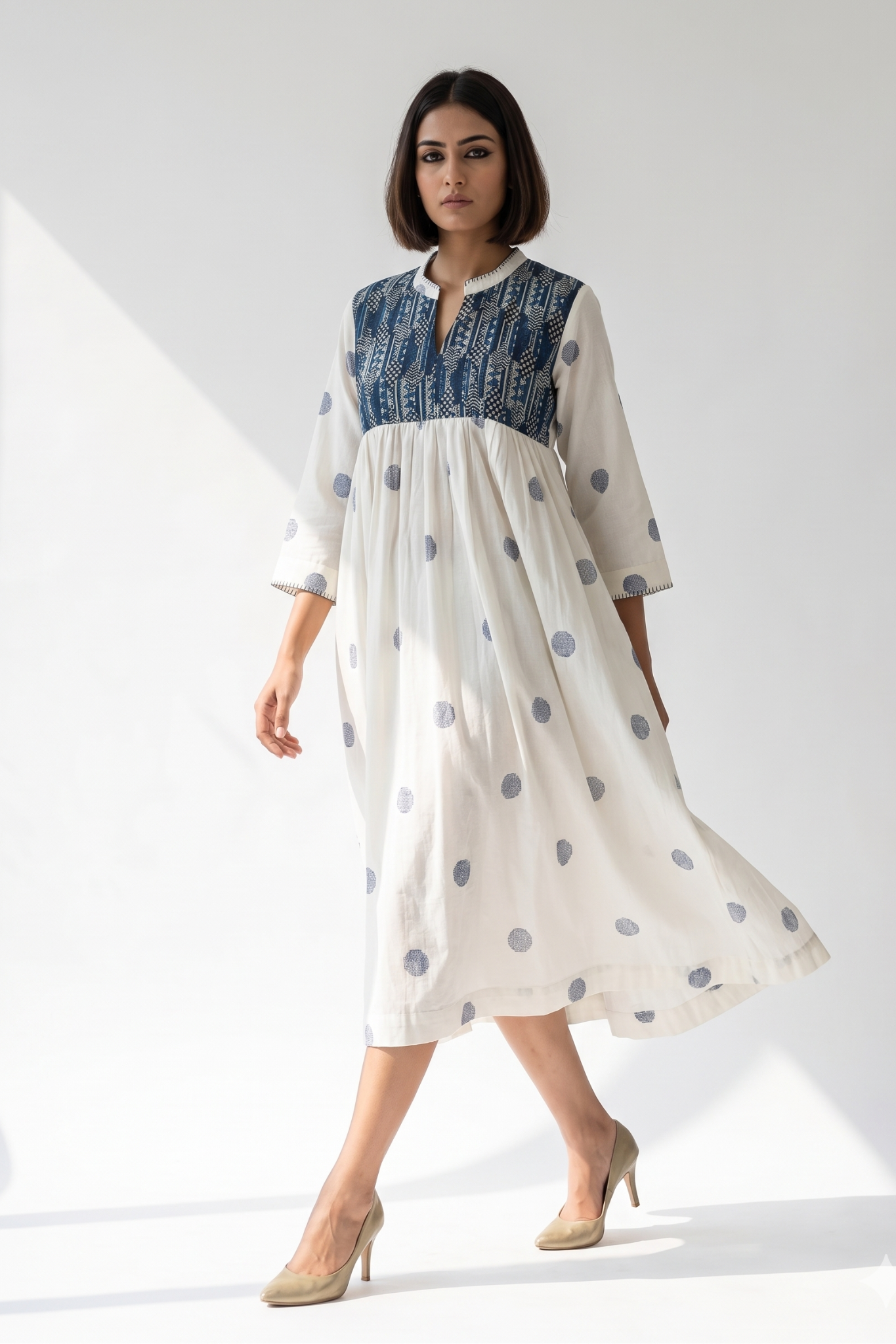 White high bust polka gather dress 