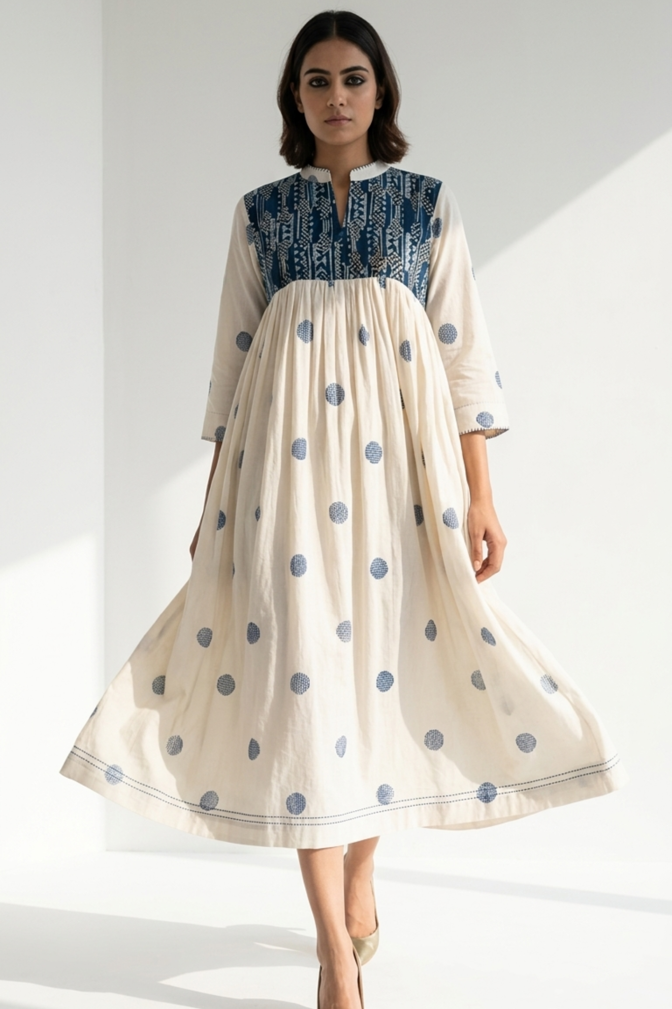 White high bust polka gather dress 