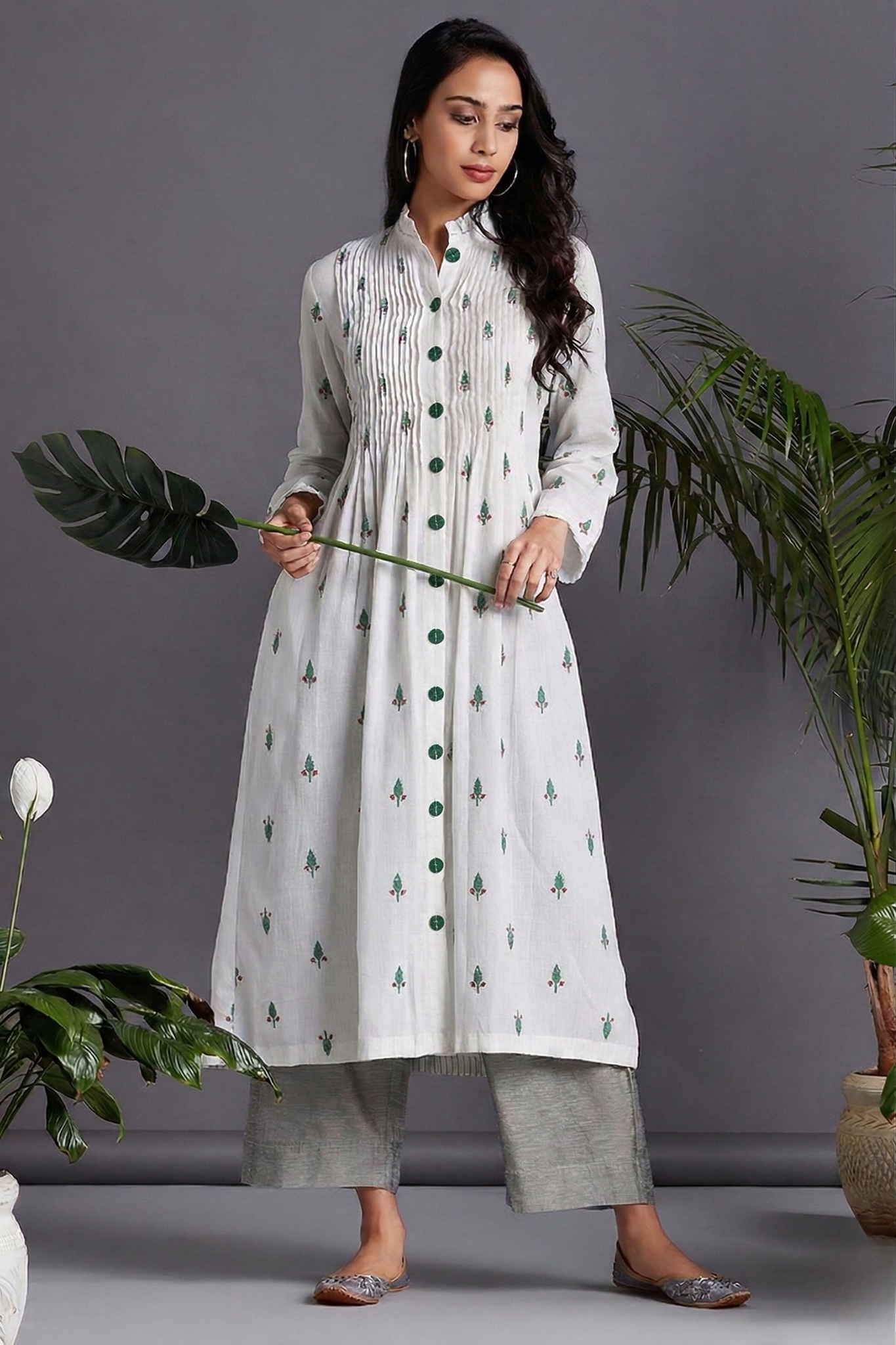 White_Leaf_Sprinkle_Cotton_Pintuck_Pleated_Button_Down_Dress